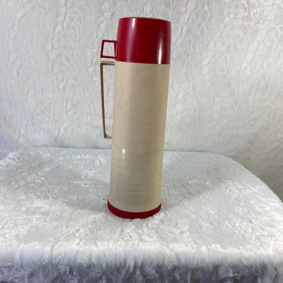 Vintage Genuine Vacuum Bottle Thermos 1960 Glass lined 1qrt Tan Red Model  #2402 - Picture 4 of 9